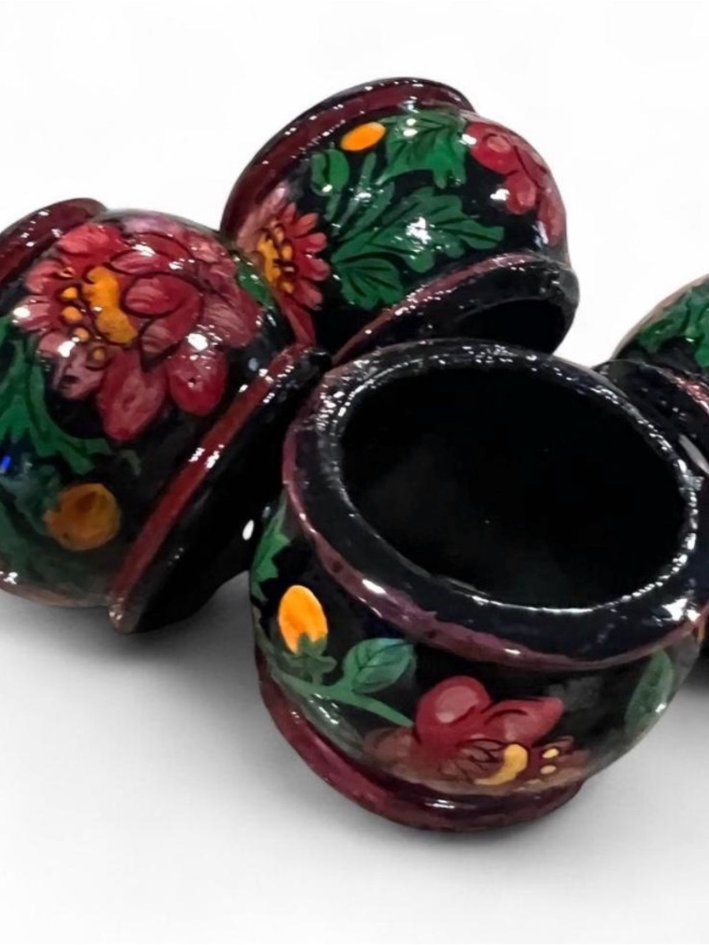 Hand-Painted Floral Napkin Rings - Red & Green Accents